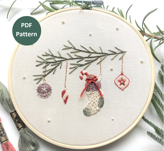 クリスマスストッキングオーナメントの手刺繍パターン、初心者向け
