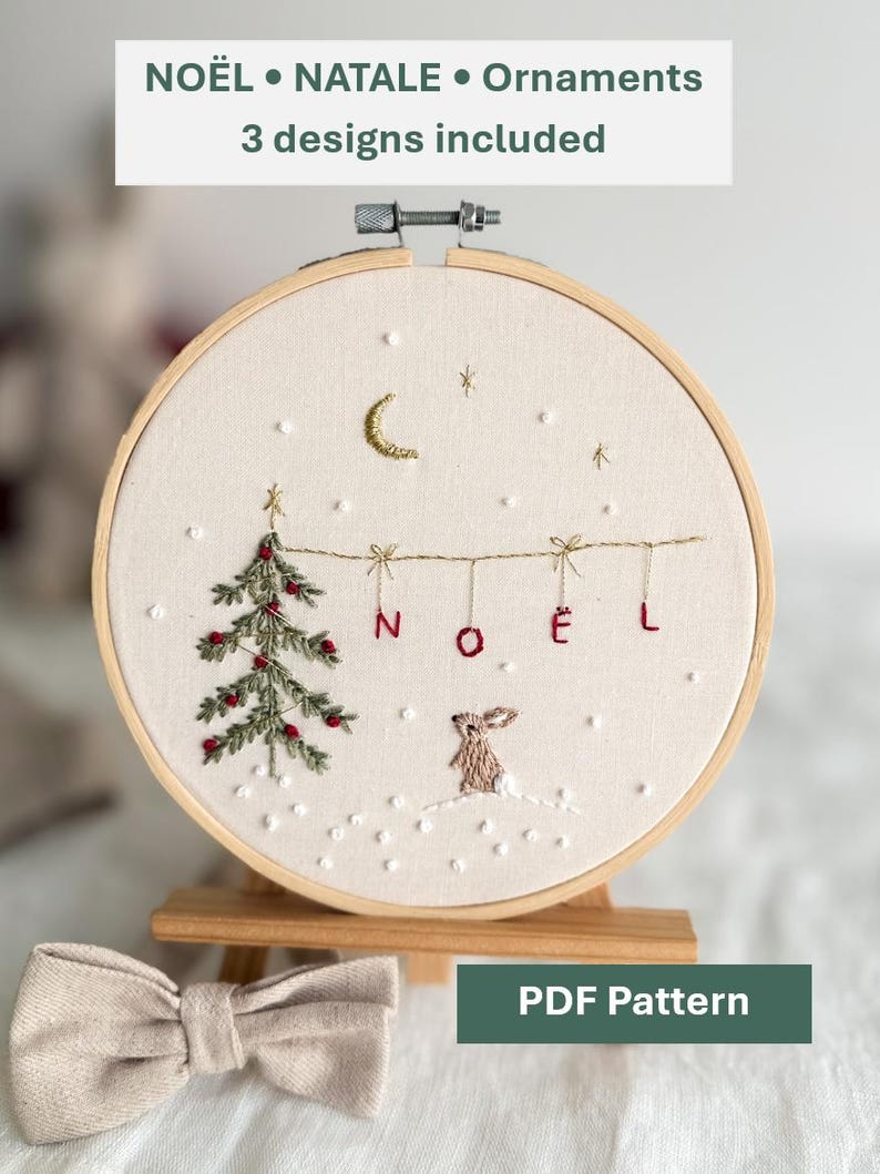 Wzór do haftu świątecznego Fantazyjny zajączek Noel i choinka do haftu w formacie PDF Zimowa scena do haftu – instrukcje krok po kroku zdjęcie 1