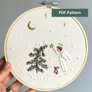 Christmas Tree with a Boy Angel Embroidery Pattern, Christmas Boy Angel Hand Embroidery Design, Step-by-Step Embroidery PDF: Angel Boy