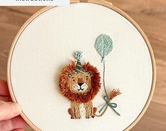 ライオンの手刺繍パターン：初心者向けフープアート、子供部屋の装飾