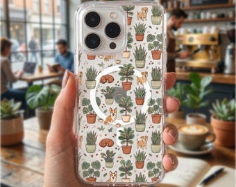 Plant Lover iPhone Case with Dogs | MagSafe iPhone 17 16 15 14 Case | Botanical Houseplant Phone Case | Protective Shockproof Dog Mom Cover