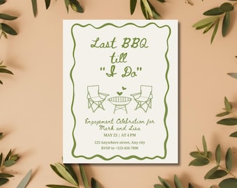 Modello di invito per festa di fidanzamento "Ultimo barbecue finché non ci riesco" / Download digitale modificabile da Canva / Invito per grigliata in giardino
