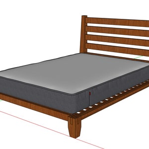 May include: A wooden bed frame with a slatted headboard and a grey mattress. The bed frame has a dark wood finish and the headboard has a simple design.