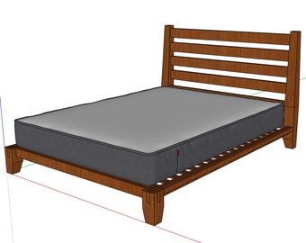 May include: A wooden bed frame with a slatted headboard and a grey mattress. The bed frame has a dark wood finish and the headboard has a simple design.