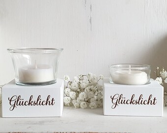 Glückslicht als Teelichthalter aus Holz in weiß,  Glücksbringer zur Geburt,Taufe, Hochzeit, Kommunion,Konfirmation, Ostern ,Prüfung