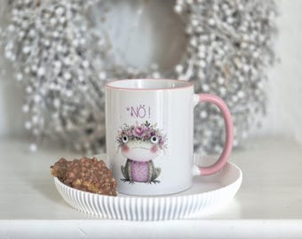 Lustige Tasse 300 ml – Weiß mit rosa Henkel, blumiger Frosch & Aufschrift „Nö“ – Geschenkidee für Humorvolle