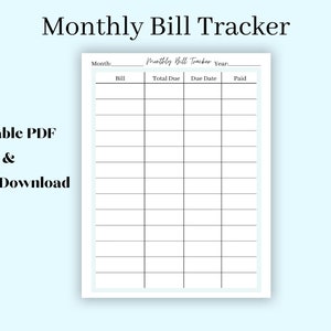 Monthly Bill Tracker|Bill Payment Chart|Organized Finances|Printable PDF\Size 8.5&quot;x11&quot;