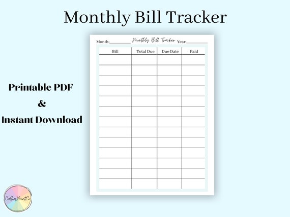 Printable Monthly Bills Organizer, Digital Download, Budget, Planner, PDF,  8.5 X 11 