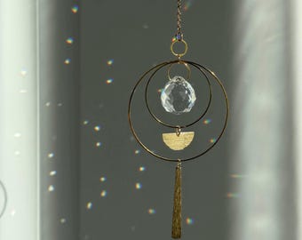 Celestial Sun Catcher | Glass Crystal Suncatcher | Textured Brass Ornament | Spiritual Home Decor Gift