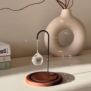 Redwood Tabletop Suncatcher, Crystal Rainbow Maker with Black Stand, Minimalist Zen Decor Gift