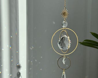 Celestial Gold Ring Suncatcher Crystal Prism Window Hanging Rainbow Maker Boho Home Decor Gift