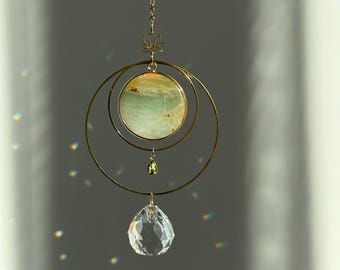 Minimalist Amazonite Lotus Suncatcher | Gold Hoop Crystal Prism | Boho Rainbow Maker Decor