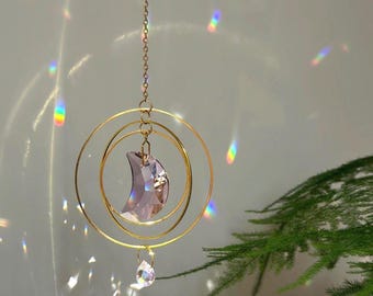 Pink Crescent Moon Crystal Suncatcher Gold Circle Rainbow Maker Celestial Window Hanging Boho Decor Gift