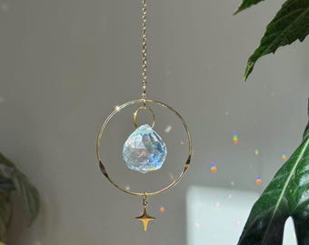 Gold Star Crystal Suncatcher, Brass Ring Rainbow Maker Window Prism, Celestial Boho Room Decor