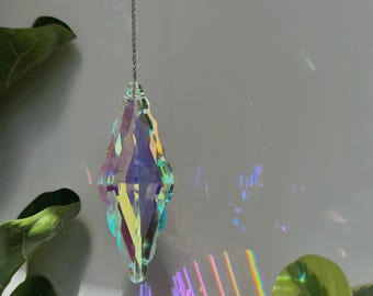 Large 12cm Aurora Borealis Faceted Crystal Prism Suncatcher with Silver Chain