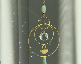 Green Aventurine Geometric Suncatcher | Crystal Rainbow Maker | Prosperity Stone Boho Window Decor