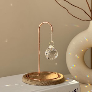 Modern Tabletop Suncatcher - Minimalist Crystal Prism with Wood & Steel Stand - Rainbow Maker Desk Decor - Choice of Oak or Redwood