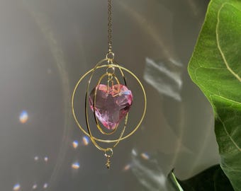 Pink Crystal Heart Suncatcher: Geometric Gold Rings, 35 cm