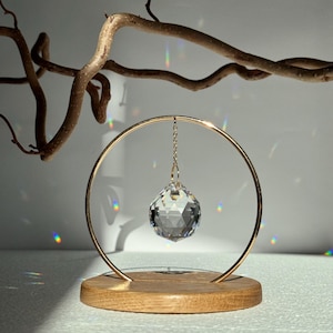 Oak Wood Tabletop Suncatcher Crystal Prism Gold Ring Rainbow Maker Boho Desk Decor Gift