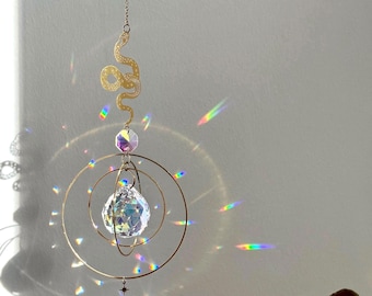 Gold Snake Suncatcher, Orbital Crystal Prism, Stainless Steel Celestial Decor, Witchy Gift