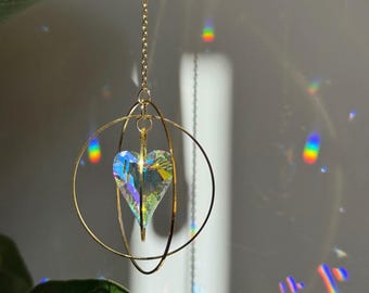 Gold Heart Crystal Suncatcher Rainbow Maker Boho Window Hanging Celestial Prism Gift for Her