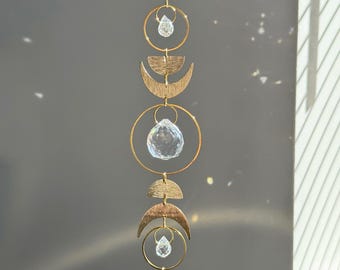 Moon Phase Suncatcher | Textured Brass Celestial Decor | Vertical Lunar Alignment | Large 45cm Gold Window Prism | Handcrafted Rainbow Maker