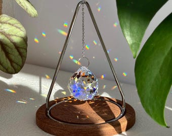 Tabletop Crystal Suncatcher — Modern Redwood & Stainless Steel — Minimalist Desk Decor