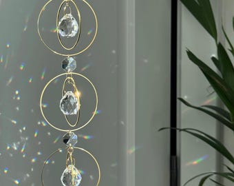 Boho Crystal Suncatcher with Golden Rings, Rainbow Prism Window Hanging Decor, Sun Catcher Gift for Her