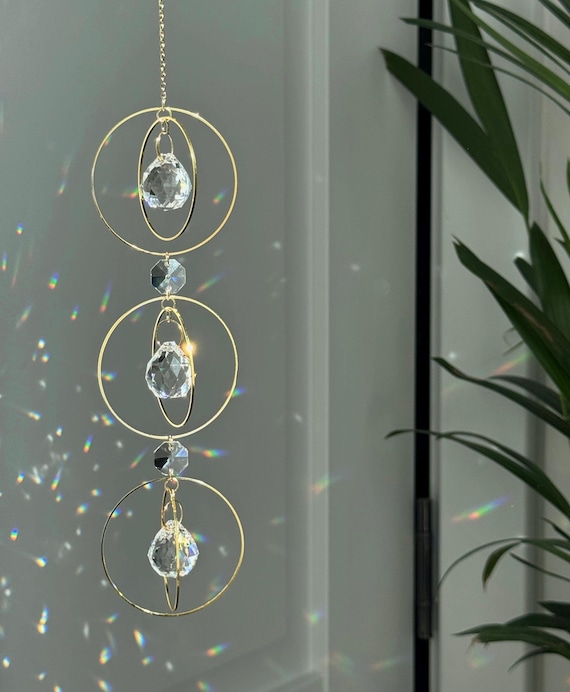 Boho Crystal Suncatcher with Golden Rings, Rainbow Prism Window Hanging Decor, Sun Catcher Gift for Her