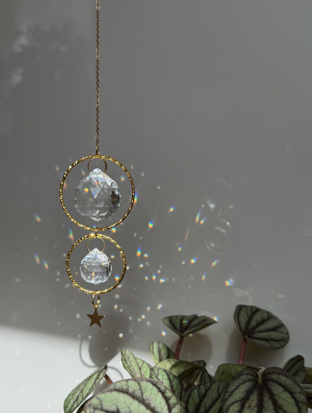 Celestial Star Crystal Suncatcher Double Hoop Rainbow Maker Boho Window ...