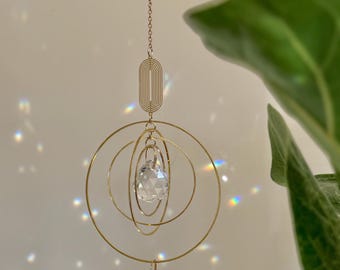 Crystal Suncatcher, Gold Boho Window Prism, Rainbow Maker