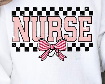 Nurse Life SVG: Design xadrez com laço rosa (download digital)
