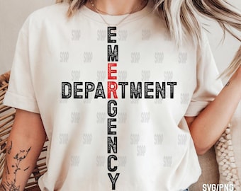 May include: A white t-shirt with a distressed black and red graphic that says "EMERGENCY DEPARTMENT". The graphic is in the shape of a cross.
