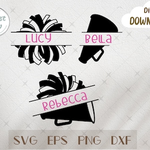Cheer Megafoon Pom Pom Bundel Svg, Cheerleader Svg, Split Naam Frame Svg Cut File, Cricut File Svg, Png, Eps, Dxf, Silhouet