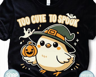 Pintinho fofo demais para assustar - SVG PNG de Halloween | Pintinho fofo com abóbora fantasma | Clipart de chapéu de bruxa - Design assustador e fofo para doces ou travessuras - Halloween infantil