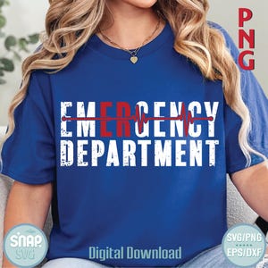 May include: A blue t-shirt with the text "EMERGENCY DEPARTMENT" in white with a red heartbeat graphic above the word "ER".