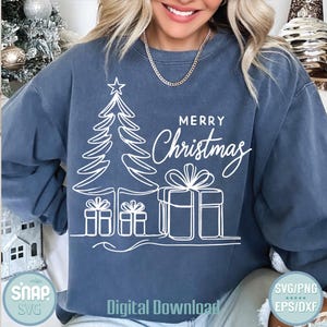 Merry Christmas SVG | Holiday Tree and Gifts Outline Hand Drawn Svg | Christmas Clipart for Cricut & Silhouette | Cute Christmas Card design
