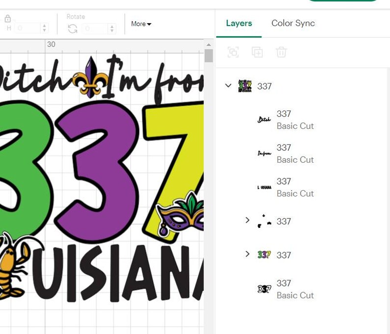 Op de afbeelding: Een digitaal ontwerp met de tekst "Pitch I'm from 337 Louisiana" in een kleurenschema van groen, paars en geel. Het ontwerp bevat een fleur-de-lis, een masker en een kreeft.