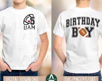 May include: White t-shirt with a football graphic, the number 5, and the name "Liam" on the front. The back of the shirt says "Birthday Boy" with a football graphic. The shirt is for a child.