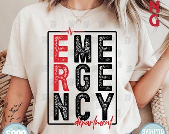 May include: A white t-shirt with a distressed black and red graphic that says "Emergency Department".