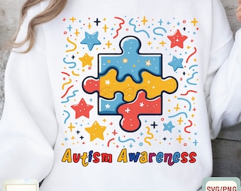 Doodle SVG de conscientização sobre autismo: design de quebra-cabeça colorido (download digital)