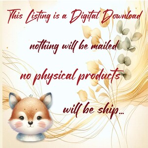 K&ouml;nnte beinhalten: Eine digitale Download-Grafik mit einem niedlichen Comic-Fuchs und einem floralen Hintergrund. Der Text lautet "This Listing is a Digital Download, nothing will be mailed, no physical products will be ship..."