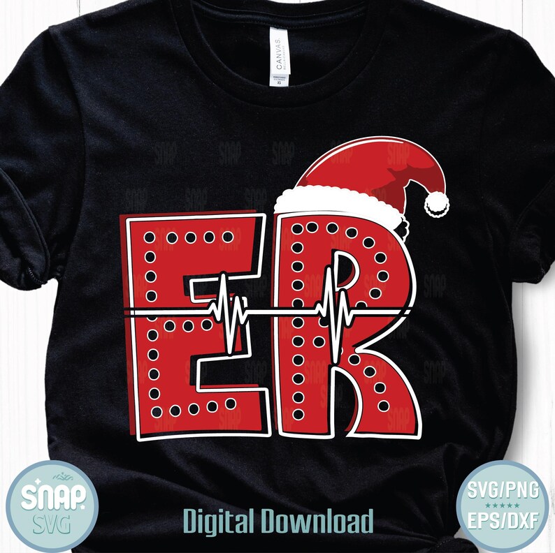 May include: Black t-shirt with a red and white design. The design features the letters "ER" in a bold, blocky font, with a Santa hat on top. A white heartbeat line runs through the letters. The words "Digital Download" are at the bottom.