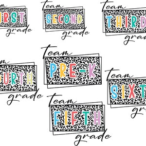 Könnte beinhalten: Ein Satz von sechs bunten Leopardenmustern mit den Worten "Team" und der Klassenstufe, wie "First Grade", "Second Grade", "Third Grade", "Fourth Grade", "Fifth Grade" und "Sixth Grade".