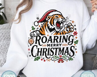 Roaring Tiger Merry Christmas SVG PNG: Santa Clipart (Digital Download)
