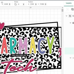 May include: A black and white leopard print design with the words "Pharmacy Tech" in colorful letters. The word "Pharmacy" is in a larger font size than the word "Tech". Two pink hearts are at the top of the design.