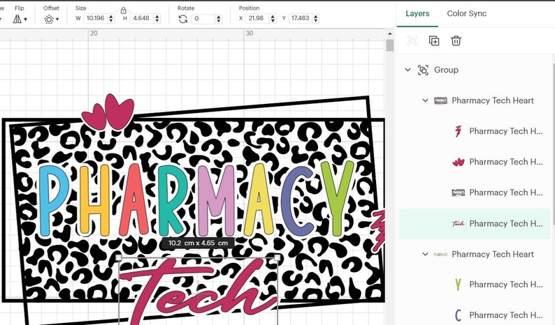 May include: A black and white leopard print design with the words "Pharmacy Tech" in colorful letters. The word "Pharmacy" is in a larger font size than the word "Tech". Two pink hearts are at the top of the design.