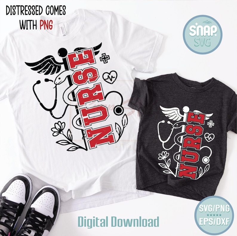K&ouml;nnte beinhalten: Zwei wei&szlig;e und graue T-Shirts mit einer abgenutzten schwarzen und roten Grafik einer Schlange, die sich um ein medizinisches Symbol windet, mit dem Wort "NURSE" in roten Buchstaben. Der Text "DISTRESSED COMES WITH PNG" befindet sich oben im Bild. Der Text "SNAP SVG" befindet sich in einem blauen Kreis oben rechts im Bild. Der Text "Digital Download" befindet sich unten im Bild. Der Text "SVG/PNG EPS/DXF" befindet sich unten rechts im Bild.