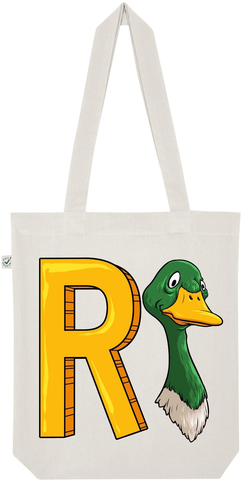 May include: A white canvas tote bag with a yellow letter R and a green duck head illustration. The duck has a yellow beak and white feathers around its neck.