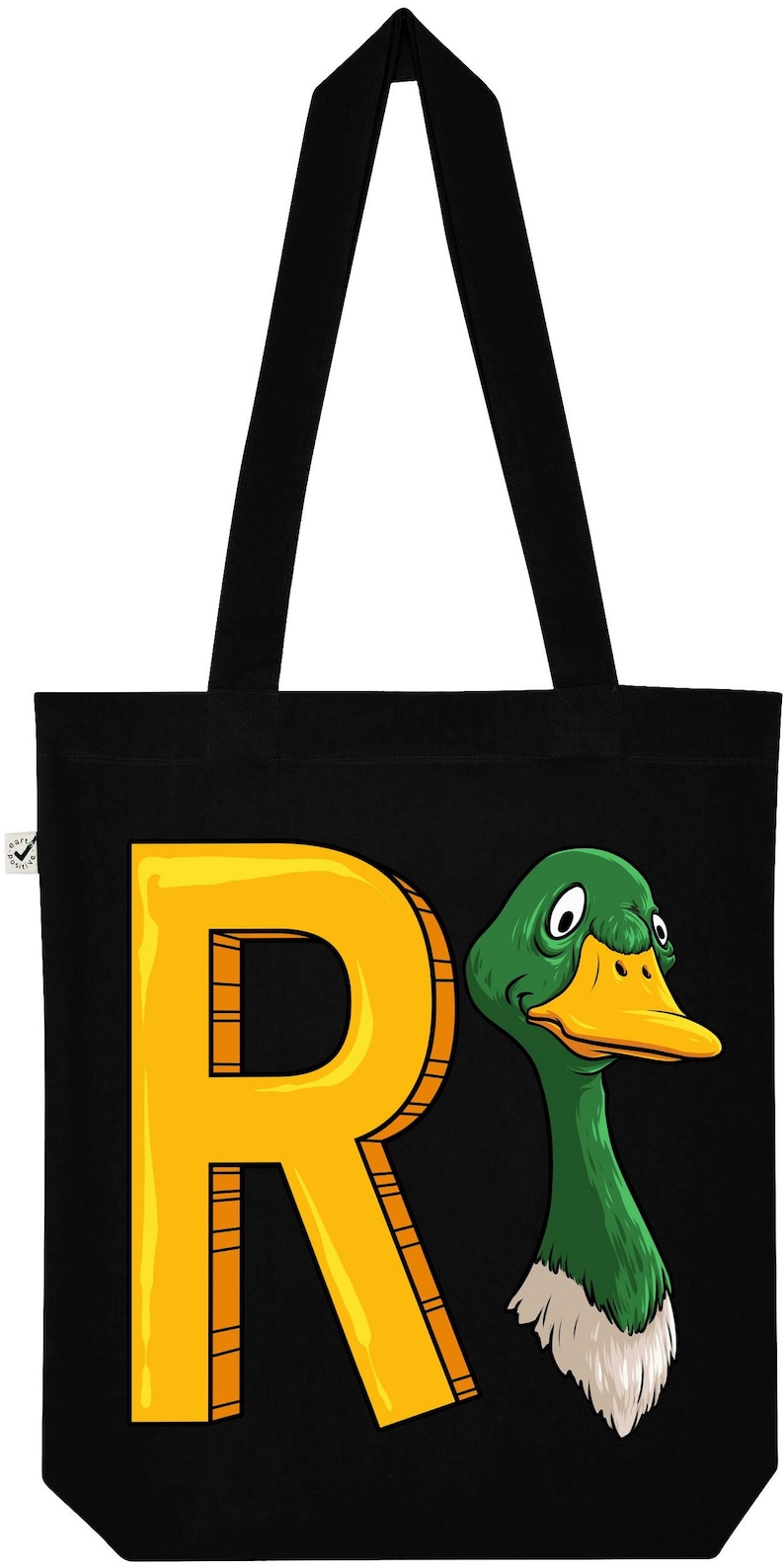 May include: Black canvas tote bag with a yellow letter R and a green duck with a white beak and white feathers around its neck.